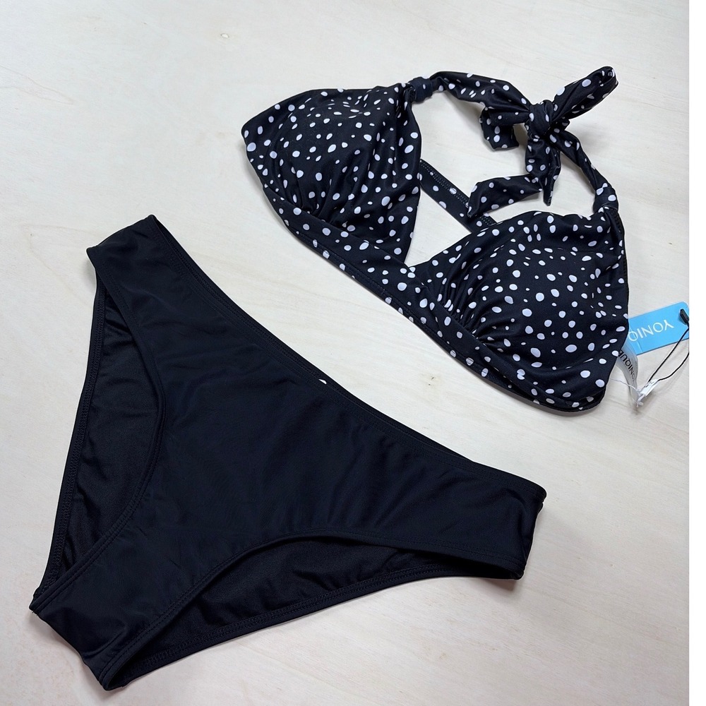 Yonique Womens Polka Dot Halter Bikini Set Black White High Waist Swimsuit M NEW